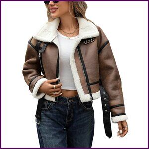 Faux Lamb Fur Leather Cropped Biker Jacket Size S Winter Aviator Coat